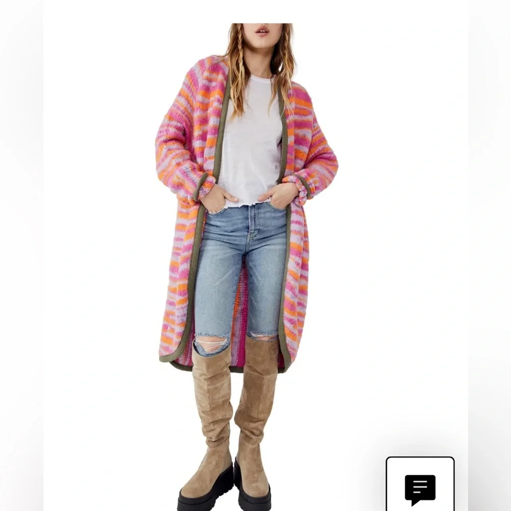 Free People Pink Orange Striped Long Cardigan